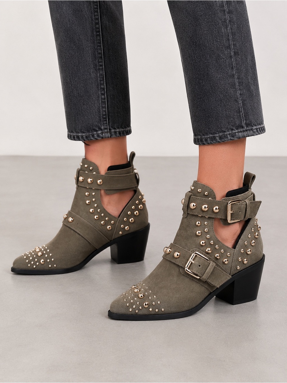 Kurt Geiger Studded Suede Ankle Olive Green Cutout Western Boots size EU 38